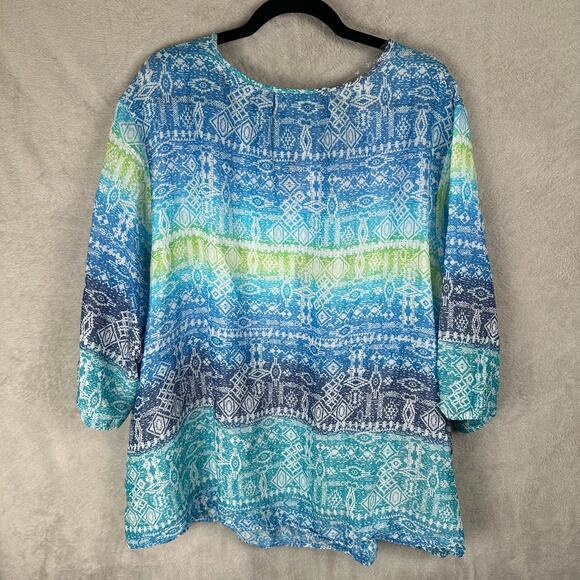 Catherines Top Womens 3XWP Blue Santa Fe Aztec Lightweight Bright Beach Peasant - Picture 5 of 10